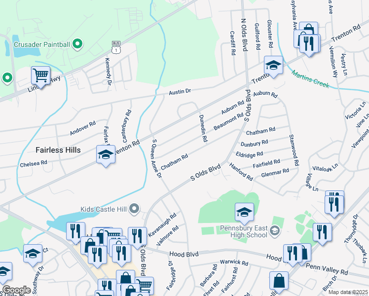 map of restaurants, bars, coffee shops, grocery stores, and more near 620 Chatham Road in Fairless Hills