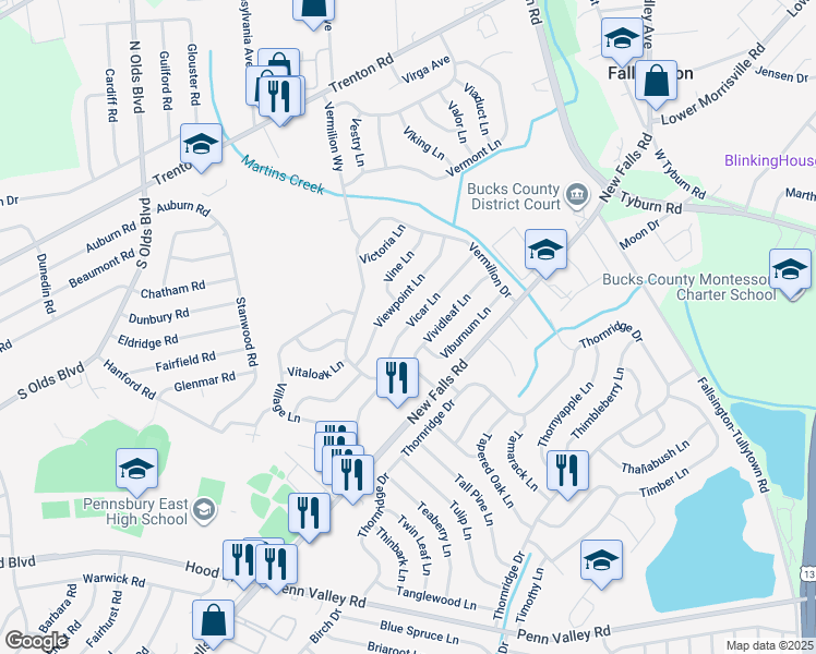 map of restaurants, bars, coffee shops, grocery stores, and more near 30 Vicar Lane in Levittown