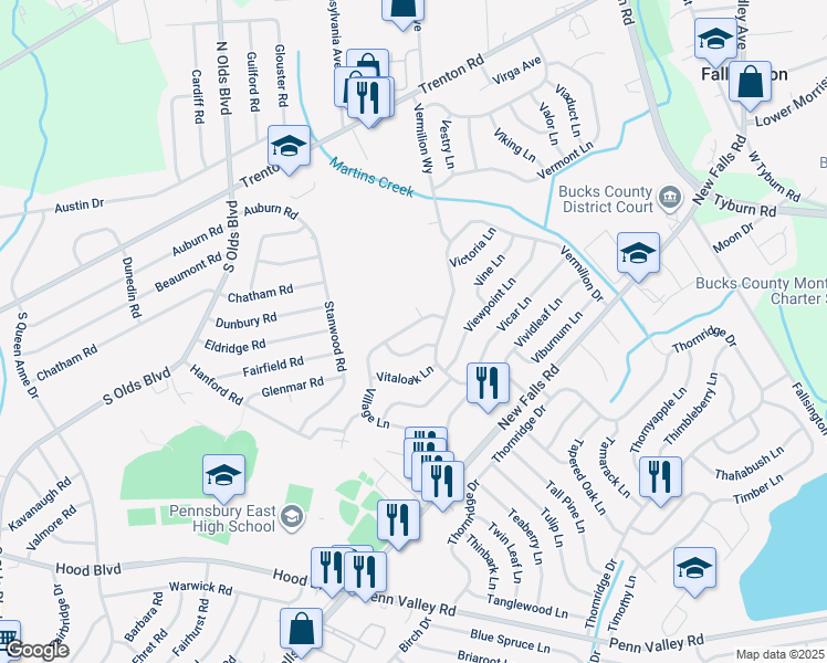 map of restaurants, bars, coffee shops, grocery stores, and more near 134 Village Lane in Fairless Hills