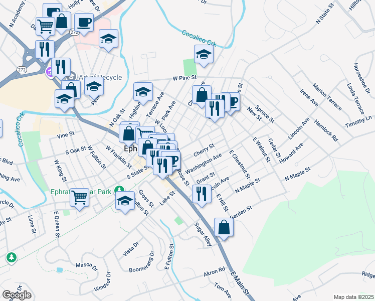 map of restaurants, bars, coffee shops, grocery stores, and more near 121 North State Street in Ephrata