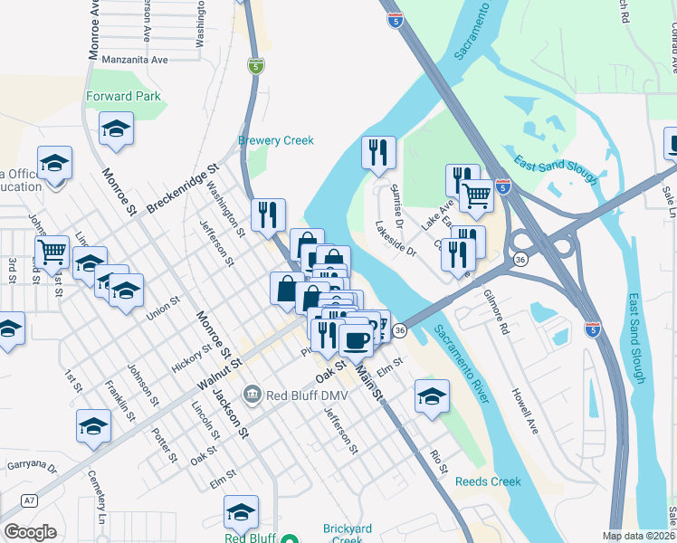 map of restaurants, bars, coffee shops, grocery stores, and more near 204 Walnut Street in Red Bluff
