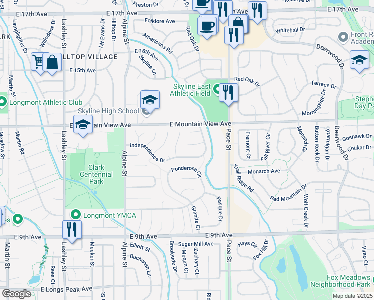 map of restaurants, bars, coffee shops, grocery stores, and more near 709 Independence Drive in Longmont
