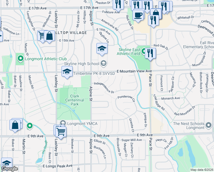 map of restaurants, bars, coffee shops, grocery stores, and more near 611 Independence Drive in Longmont