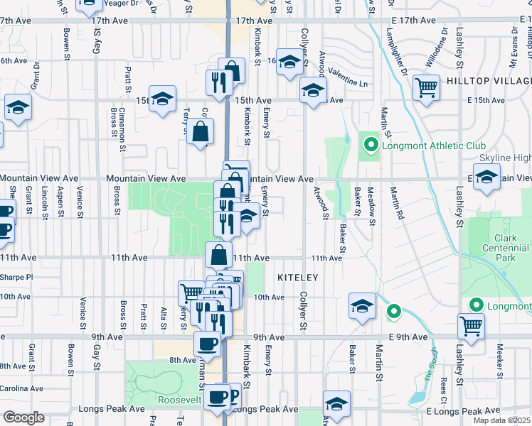 map of restaurants, bars, coffee shops, grocery stores, and more near 1139 Emery Street in Longmont