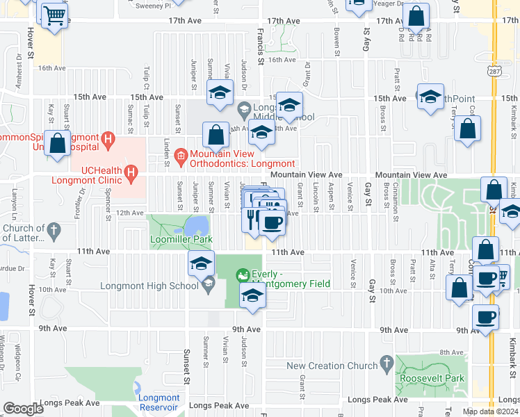 map of restaurants, bars, coffee shops, grocery stores, and more near 1133 Francis Street in Longmont