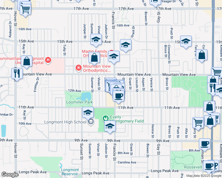 map of restaurants, bars, coffee shops, grocery stores, and more near 1133 Francis Street in Longmont