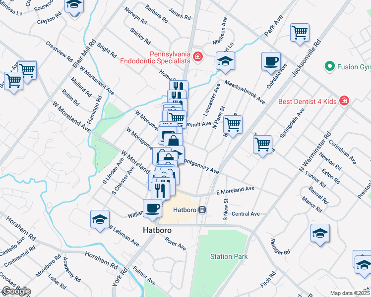 map of restaurants, bars, coffee shops, grocery stores, and more near 20 Pennsylvania 332 in Hatboro