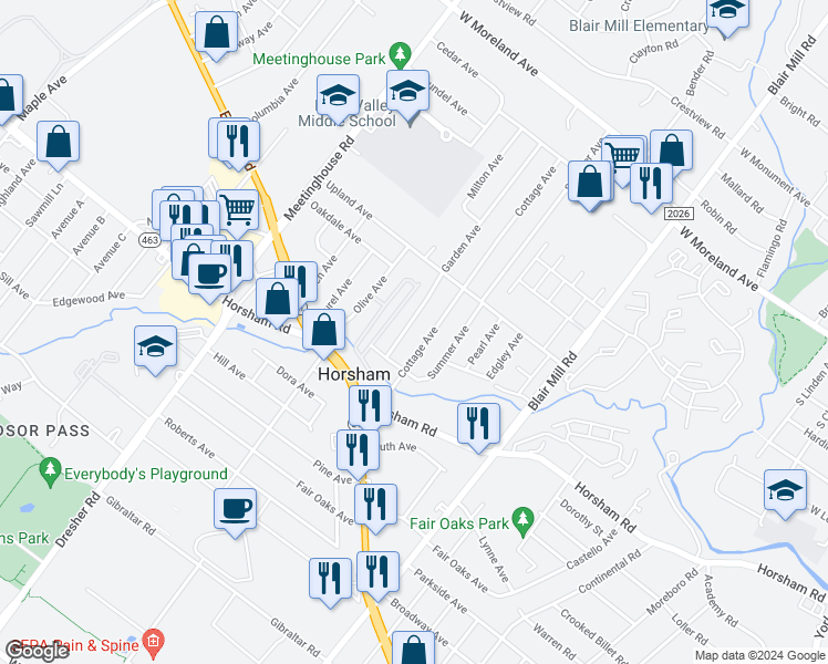 map of restaurants, bars, coffee shops, grocery stores, and more near 329 Cottage Avenue in Horsham