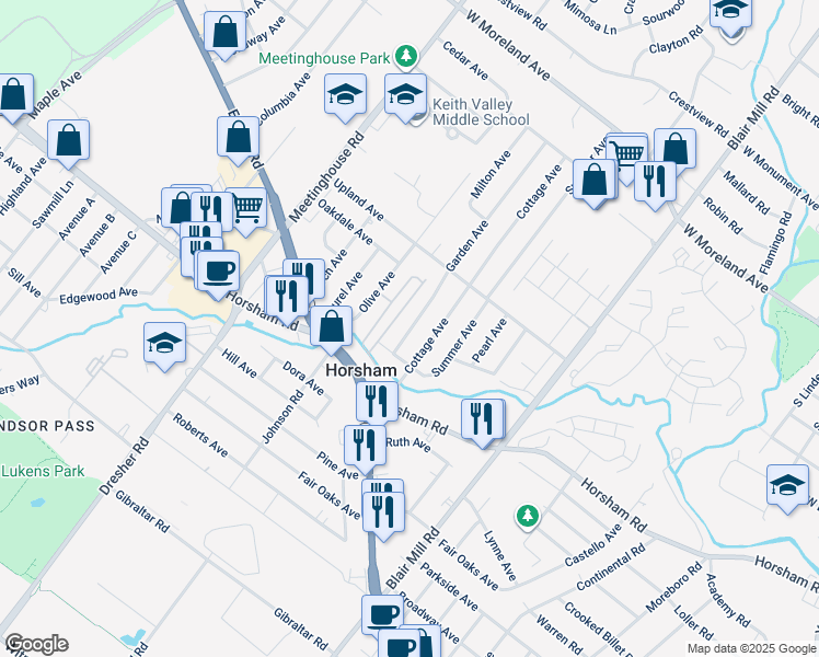 map of restaurants, bars, coffee shops, grocery stores, and more near 329 Cottage Avenue in Horsham