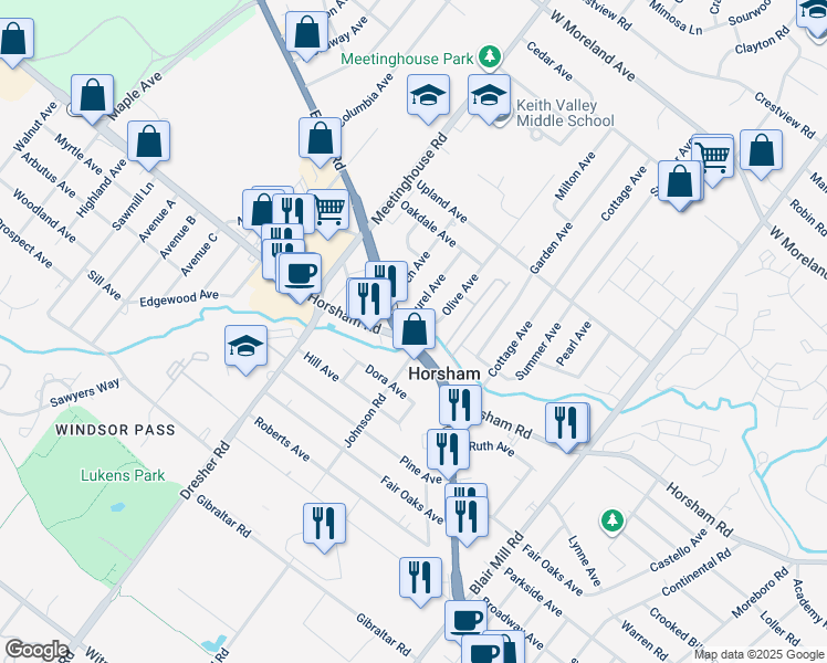 map of restaurants, bars, coffee shops, grocery stores, and more near in Horsham