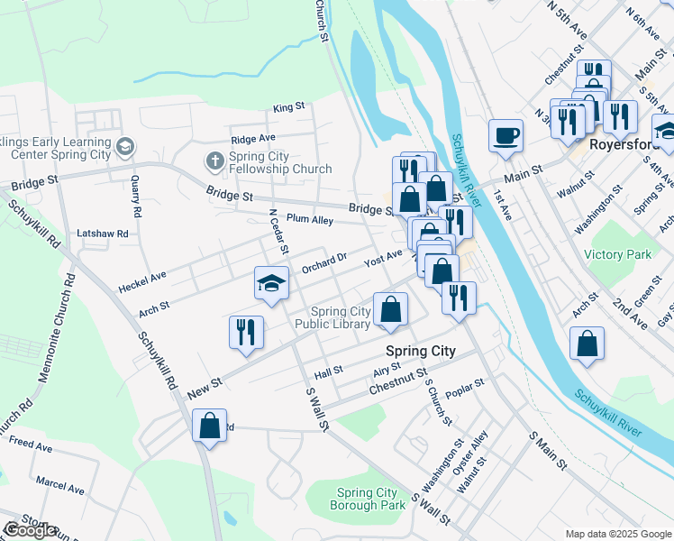 map of restaurants, bars, coffee shops, grocery stores, and more near 315 Vincent Street in Spring City