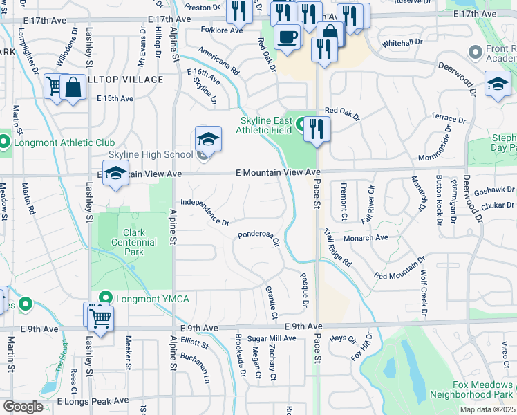 map of restaurants, bars, coffee shops, grocery stores, and more near 709 Independence Drive in Longmont