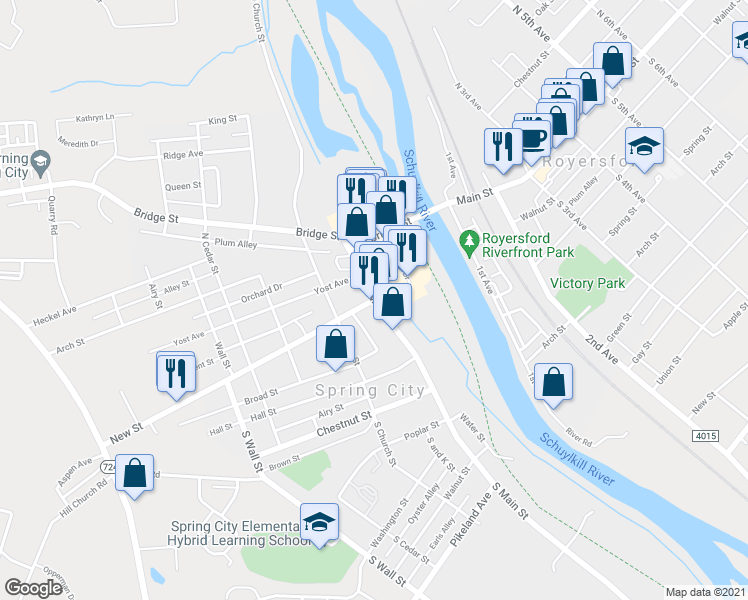 map of restaurants, bars, coffee shops, grocery stores, and more near 101 New Street in Spring City