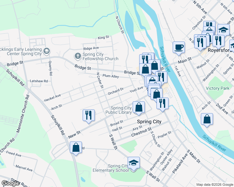 map of restaurants, bars, coffee shops, grocery stores, and more near 315 Vincent Street in Spring City