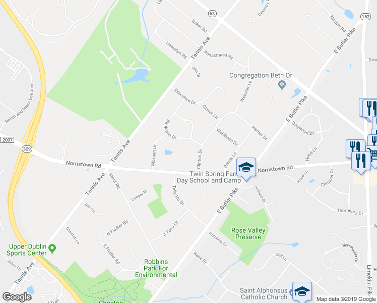 map of restaurants, bars, coffee shops, grocery stores, and more near 1612 Norristown Road in Ambler