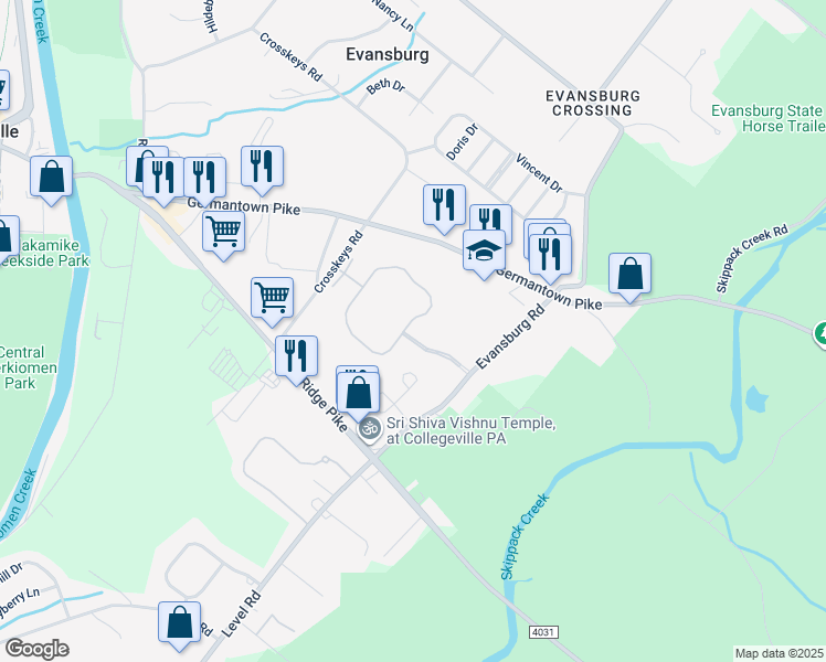 map of restaurants, bars, coffee shops, grocery stores, and more near 1002 Greenes Way Circle in Collegeville