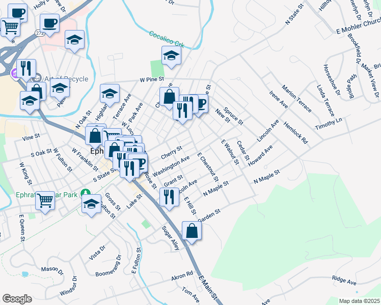 map of restaurants, bars, coffee shops, grocery stores, and more near 238 Washington Avenue in Ephrata