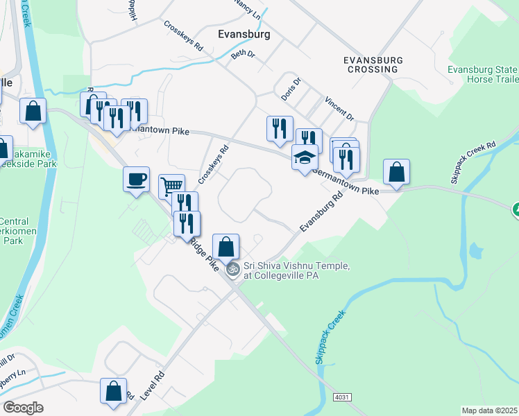 map of restaurants, bars, coffee shops, grocery stores, and more near 1002 Greenes Way Circle in Collegeville