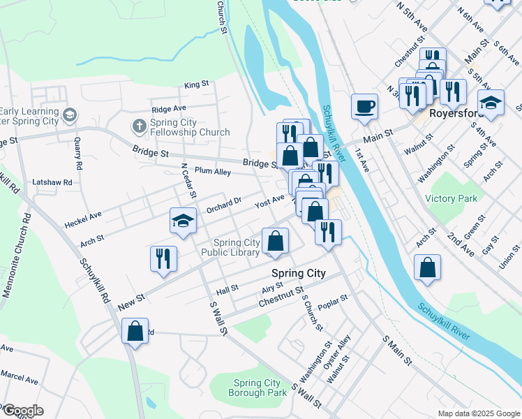 map of restaurants, bars, coffee shops, grocery stores, and more near 214 Yost Avenue in Spring City
