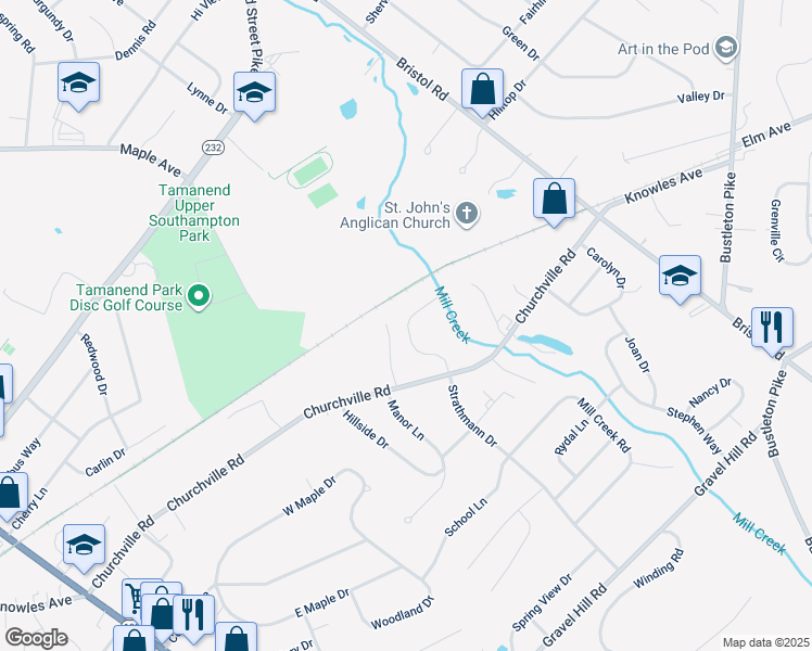map of restaurants, bars, coffee shops, grocery stores, and more near 1140 Strathmann Drive in Southampton