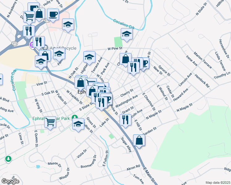 map of restaurants, bars, coffee shops, grocery stores, and more near 117 North State Street in Ephrata
