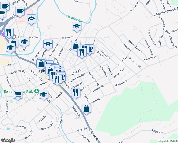 map of restaurants, bars, coffee shops, grocery stores, and more near Washington Avenue in Ephrata