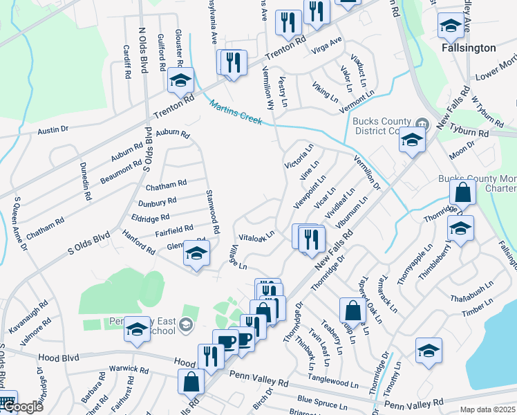 map of restaurants, bars, coffee shops, grocery stores, and more near 134 Village Lane in Fairless Hills