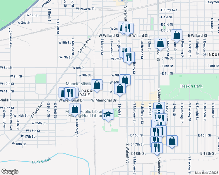 map of restaurants, bars, coffee shops, grocery stores, and more near 326 West 10th Street in Muncie