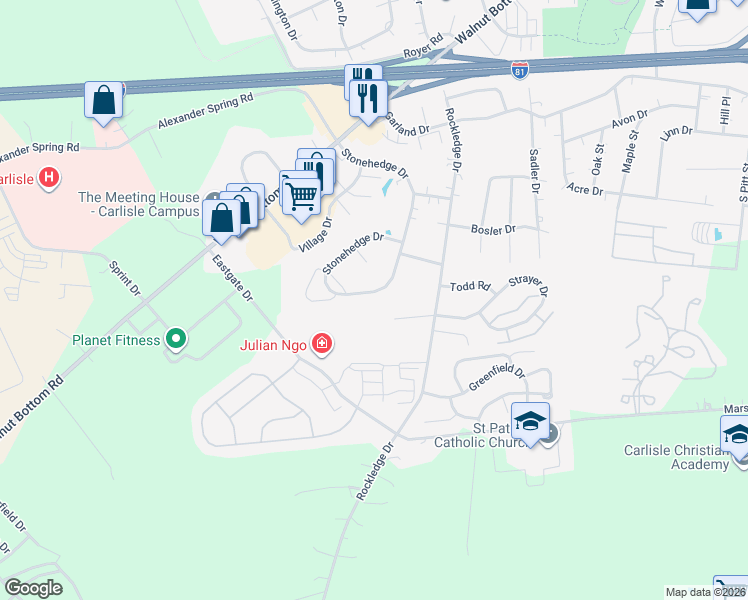 map of restaurants, bars, coffee shops, grocery stores, and more near 118 Stonehedge Drive in Carlisle