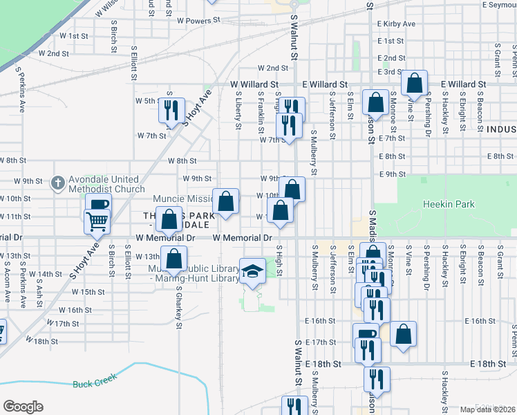 map of restaurants, bars, coffee shops, grocery stores, and more near 326 West 10th Street in Muncie