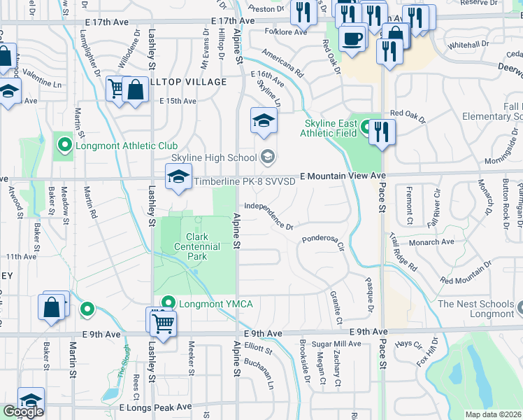 map of restaurants, bars, coffee shops, grocery stores, and more near 1205 Carbide Court in Longmont