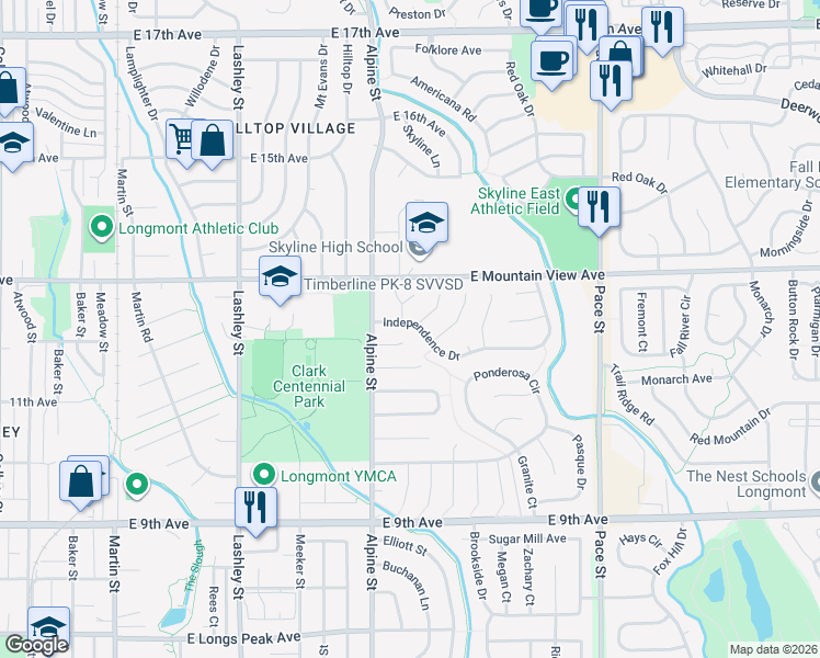 map of restaurants, bars, coffee shops, grocery stores, and more near 1205 Carbide Court in Longmont
