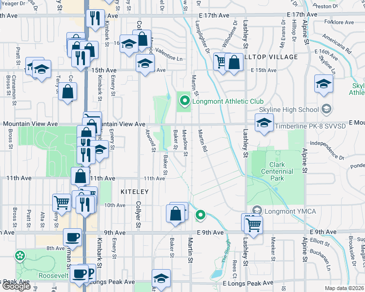map of restaurants, bars, coffee shops, grocery stores, and more near 1225 Baker Street in Longmont