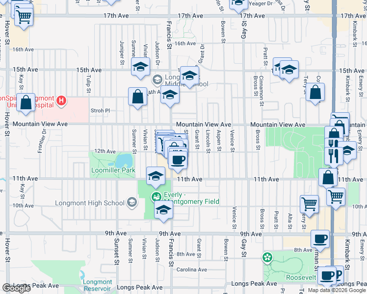 map of restaurants, bars, coffee shops, grocery stores, and more near 1235 Sherman Street in Longmont
