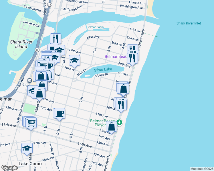 map of restaurants, bars, coffee shops, grocery stores, and more near 213 7th Avenue in Belmar