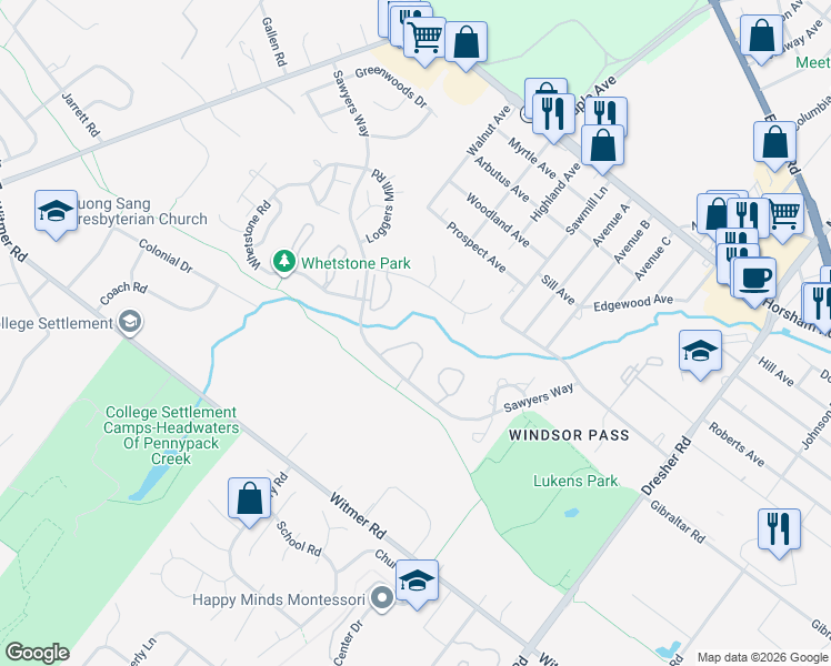 map of restaurants, bars, coffee shops, grocery stores, and more near 191 Log Pond Drive in Horsham