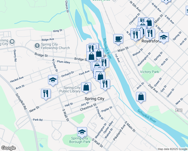 map of restaurants, bars, coffee shops, grocery stores, and more near 129 North Main Street in Spring City