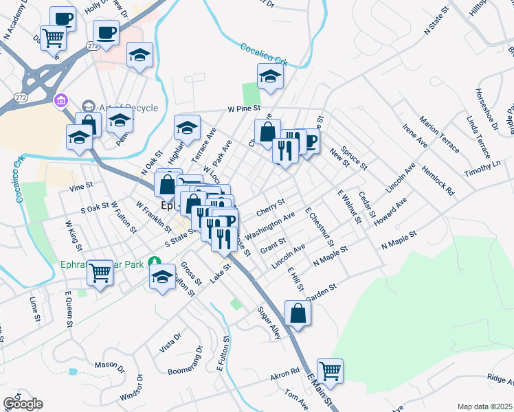 map of restaurants, bars, coffee shops, grocery stores, and more near 140 North State Street in Ephrata