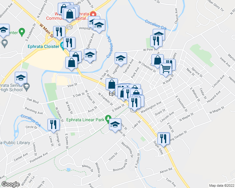 map of restaurants, bars, coffee shops, grocery stores, and more near in Ephrata