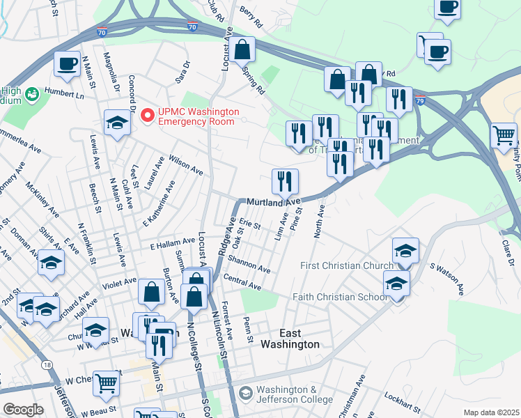 map of restaurants, bars, coffee shops, grocery stores, and more near 33 Murtland Avenue in Washington