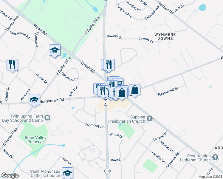 map of restaurants, bars, coffee shops, grocery stores, and more near 633 Welsh Road in Ambler