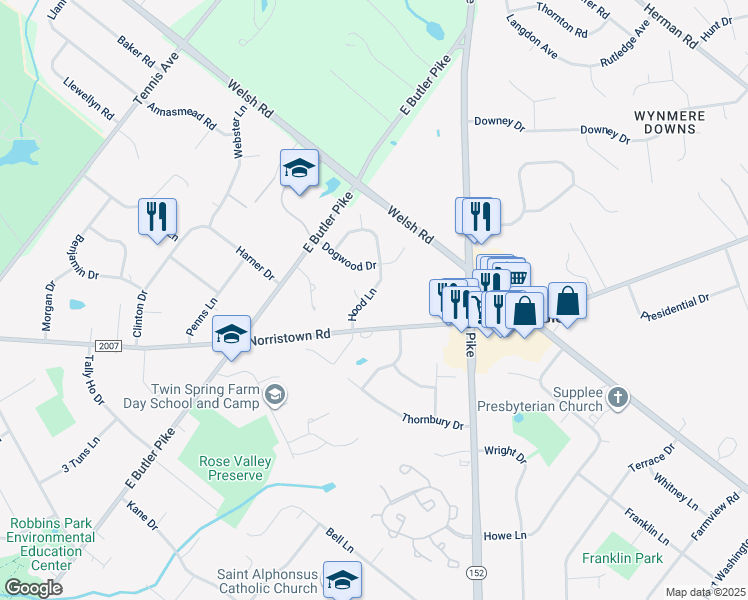 map of restaurants, bars, coffee shops, grocery stores, and more near 1732 Hood Lane in Maple Glen