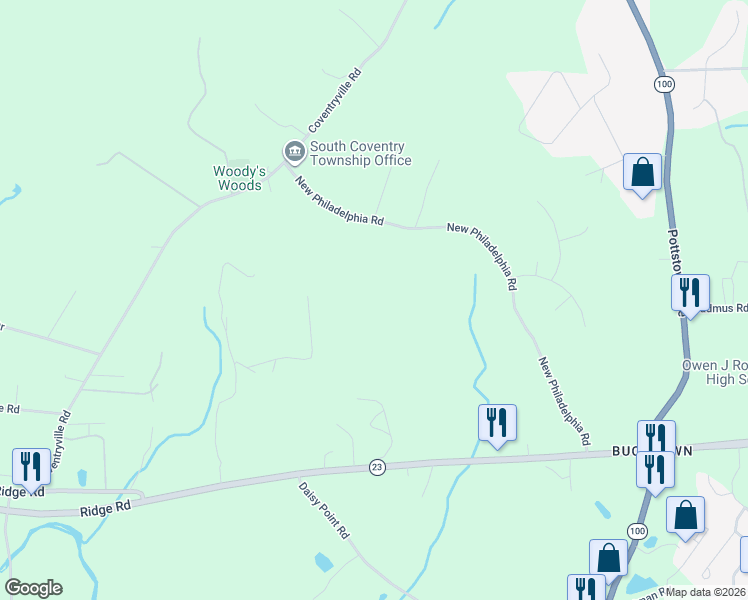 map of restaurants, bars, coffee shops, grocery stores, and more near 1250 New Philadelphia Road in Pottstown