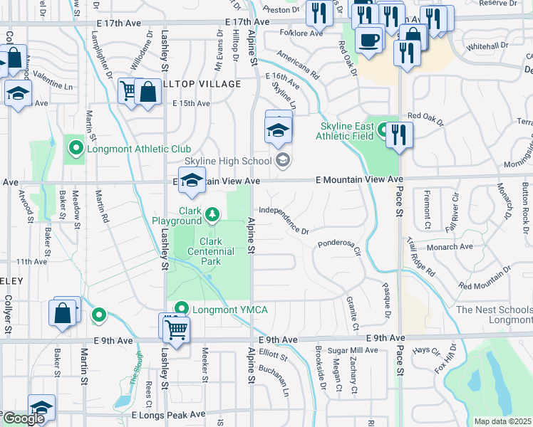 map of restaurants, bars, coffee shops, grocery stores, and more near 1235 Autumn Court in Longmont
