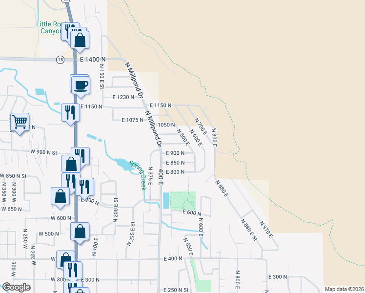 map of restaurants, bars, coffee shops, grocery stores, and more near 474 East 950 North in Springville