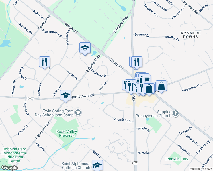 map of restaurants, bars, coffee shops, grocery stores, and more near 1732 Hood Lane in Maple Glen