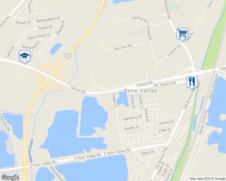 map of restaurants, bars, coffee shops, grocery stores, and more near 221 Tyburn Road in Fairless Hills