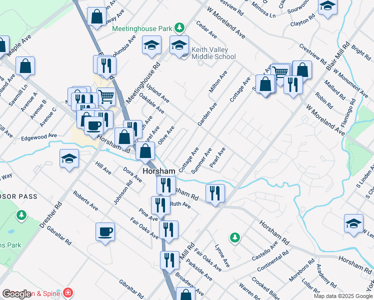 map of restaurants, bars, coffee shops, grocery stores, and more near 325 Garden Avenue in Horsham