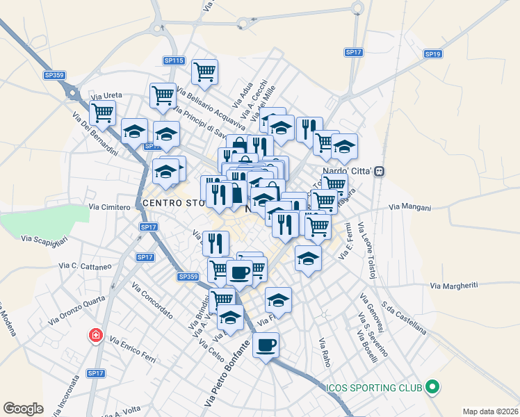 map of restaurants, bars, coffee shops, grocery stores, and more near in Nardò