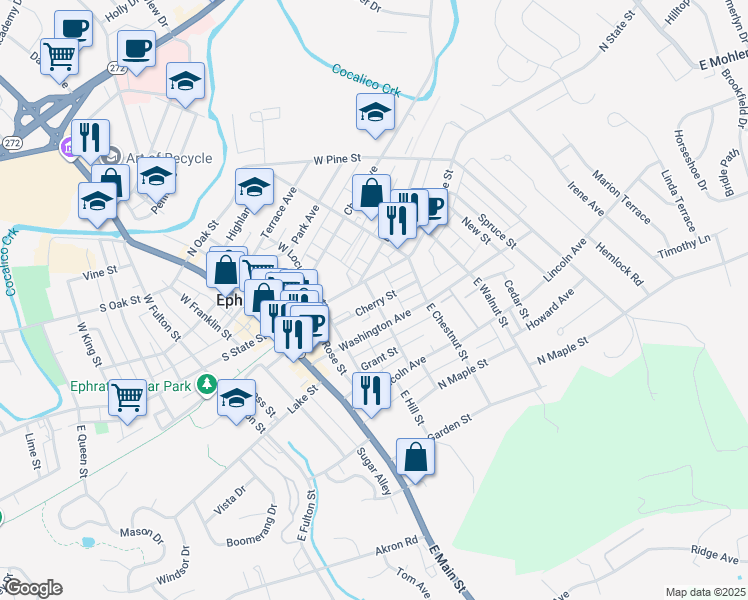 map of restaurants, bars, coffee shops, grocery stores, and more near 26 Marshall Street in Ephrata